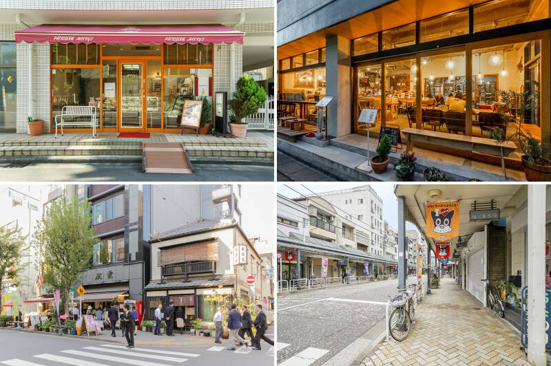<b>左上・</b>昔ながらの洋菓子店「MARRY'S(マリーズ)」。(徒歩5分)/<b>右上・</b>住宅街に佇む「喫茶ランドリー 本店」。喫茶スペースや家事スペースを備え、作業やものづくりにも利用できるコミュニティスペースです。(徒歩5分)/<b>左下・</b>新大橋を渡り、方面へ。甘酒横町には老舗和菓子店が点在。(徒歩12分)/<b>右下・</b>「高橋のらくろード(高橋商店街)」。漫画家・田河水泡の代表作として知られる犬のキャラクター「のらくろ」があちこちに。(徒歩10分)