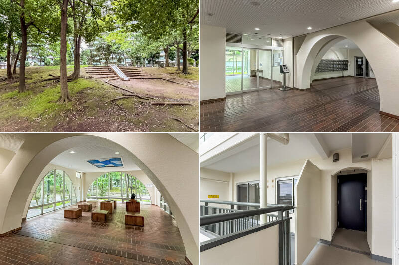 <p><b>左上・</b>マンション敷地内には、緑豊かな公園が。/<b>右上・</b>アーチのデザインが可愛い共用ホールには、オートロック扉が備わっています。/<b>左下・</b>かまぼこ型の窓が可愛らしい共用ロビー。/<b>右下・</b>住戸へはエレベーターで14階まで上がり、その後階段でアクセスします。玄関扉は2023年に、重厚感のあるものへ交換済みです。</p>