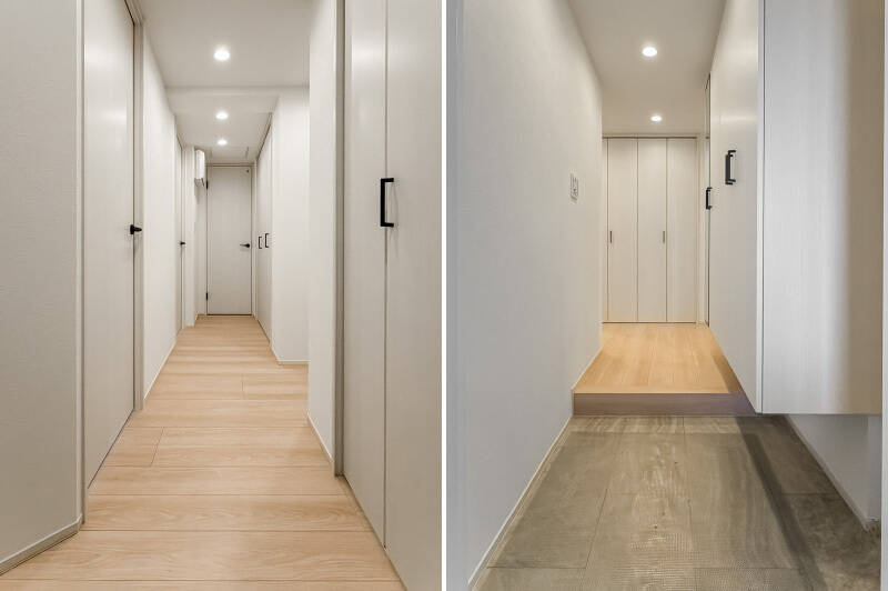 <b>左・</b>廊下には収納が2箇所用意されています。どちらも折れ戸2枚分のサイズ。各居室の収納に加え、廊下にも収納スペースが確保されているため、すっきりとした暮らしを保てそうです◎/<b>右・</b>玄関にはシューズボックスが備わっていますよ。