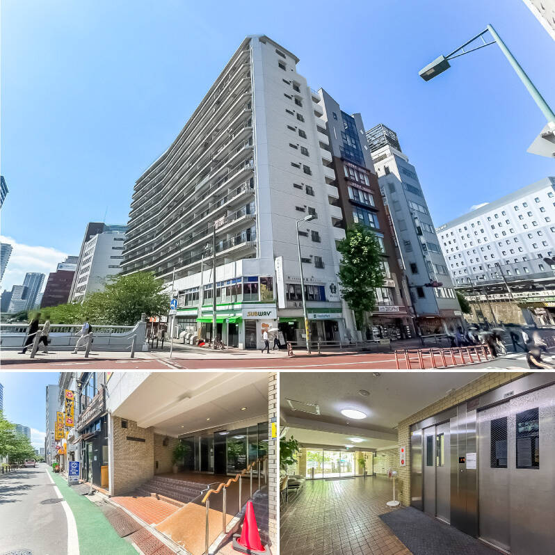 <p><b>上・</b>「五反田」駅そば、目黒川沿いに建つ堂々たる佇まいのマンション。1979年竣工・総戸数159戸です。/<b>左下・</b>目黒川に面したエントランス。並びにはテナントとしてコンビニや飲食店が入っています。/<b>右下・</b>タイル貼りの広々としたエントランスホール。</p>