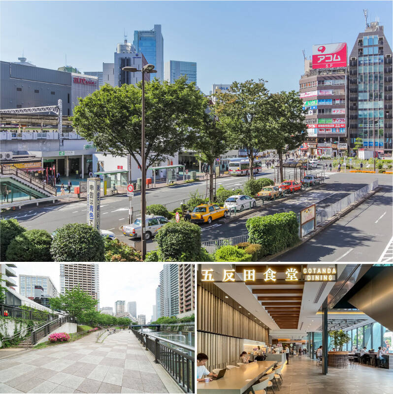 <b>上・</b>JR山手線、東急池上線、都営浅草線と3路線使える「五反田」駅。マンションからはなんと……<b>徒歩2分</b>! これだけ近いと、朝の支度に余裕が持てますね。/<b>左下・</b>目黒川に面した緑豊かな「五反田ふれあい水辺広場」。(徒歩4分)/<b>右下・</b>2024年4月にオープンした複合商業施設「五反田JPビルディング」。飲食店やオフィス、シェアオフィス、ホテルなど様々な業態のテナントが入居しています。(徒歩5分)