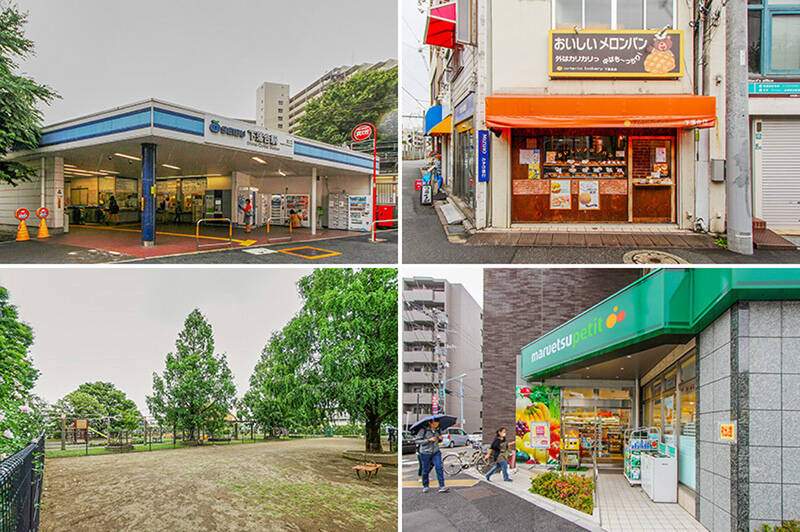 <b>左上・</b>こちらが最寄りの西武新宿線「下落合」駅。マンションへは南口を利用するのが近道です。（徒歩1分）／<b>右上・</b>北口前にある「arteria bakery（アルテア・ベーカリー）下落合店」。お店の前を通るとふわーっとメロンパンの甘い香りが。（徒歩1分）／<b>左下・</b>惜しくも「せせらぎの里公苑」はペットNGなので、お散歩は大規模な「落合中央公園」へ。ドッグランもありますよ！（徒歩5分）／<b>右下・</b>最寄りのスーパーは「マルエツ プチ 下落合駅前店」。ちょっと離れますが、目白通りまで出れば大きめのスーパーもありますよ。自転車があるとさらに快適そうですね。（徒歩2分）