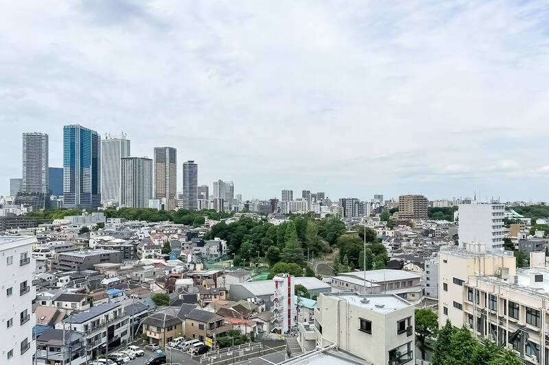 こちら側も左手に「池袋」方面のビル群を望む抜けのある眺望。中央に写るこんもりとした緑は「日本女子大学寮」の敷地です。