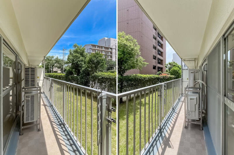 バルコニーは奥行きこそ控えめですが、LDKから洋室Aまで続くワイドスパン。植栽がすぐそばに感じられるのも1階住戸ならではです。