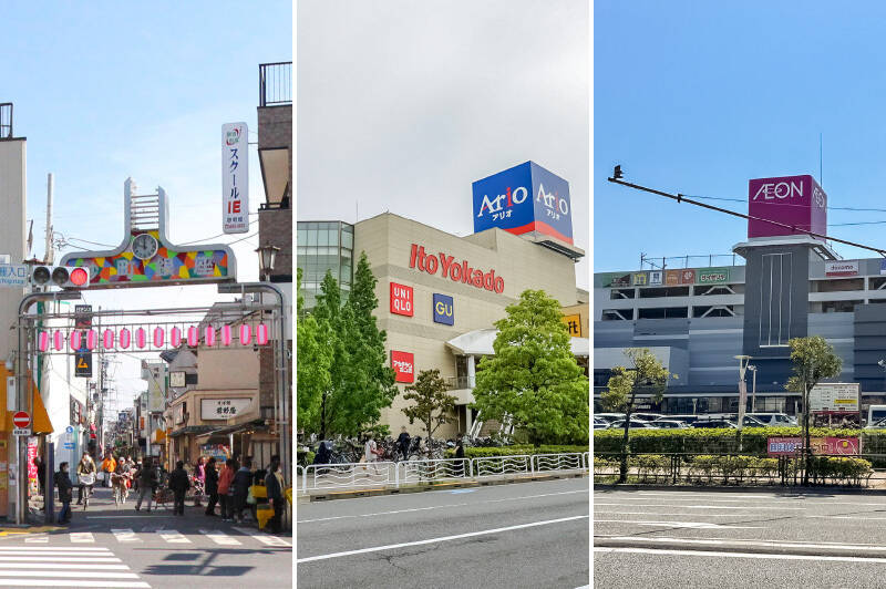 <b>左・</b>テレビでもたびたび紹介される「砂町銀座」。お惣菜店が軒を連ね、食べ歩きも楽しめる商店街です。写真は西側の入口ですが、物件に近い東側の入口までは自転車で約5分。／<b>中央・</b>約100店舗が集まる大型商業施設「アリオ北砂」は、自転車なら約10分。ファストファッションやベビー用品店、100円ショップ、広々としたフードコートまで揃い、ファミリーにとって頼もしい存在です。／<b>右・</b>南砂町方面へ自転車を走らせること約8分。「トピレックプラザ」に到着。スーパーや、ホームセンター、飲食店も入る大型商業施設で、テラス席ではワンちゃんとカフェタイムを楽しむ姿も見られます♪