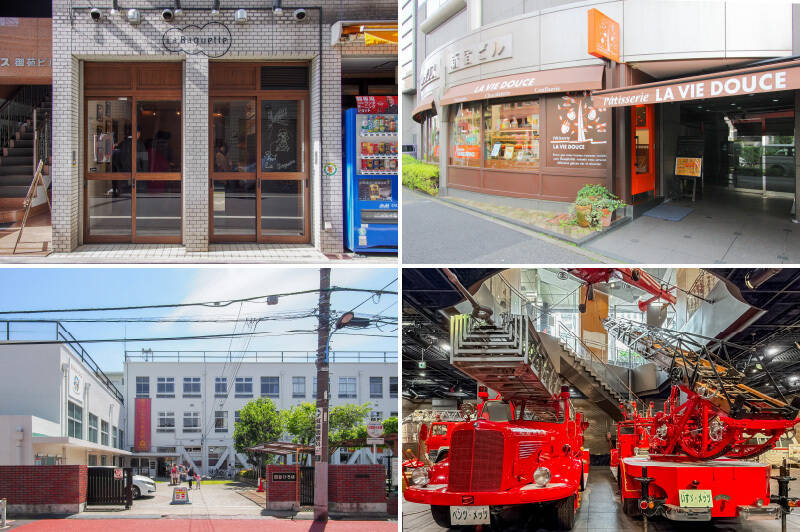 <b>左上・</b>「La Baguette御苑前店（ラ・バゲット）」には、個性豊かなパンが並びます。週末の朝にお散歩がてら焼き立てのパンを買いに立ち寄り、お家でブランチを味わうのが日常の楽しみになりそうです。（徒歩7分）／<b>右上・</b>見た目も美しい洗練されたケーキや焼き菓子が並ぶ洋菓子店「Patisserie LA VIE DOUCE（パティスリー ラ ヴィ ドゥース）」。家族の特別な記念日を彩るホールケーキはもちろん、日々のちょっとしたご褒美スイーツもこちらで♡ 手土産にもおすすめですよ。（徒歩6分）／<b>左下・</b>「東京おもちゃ美術館」は、木の温もりあふれるおもちゃのミュージアム。職人技の光る日本の伝統玩具や世界中の美しいデザインのおもちゃは、大人が見ても新鮮な発見があり、アートを鑑賞するように楽しめます。年齢別にさまざまな楽しみ方ができ、お子さまと一緒に五感を使ってのびのびと遊べますよ♪（徒歩6分）／<b>右下・</b>実物の消防車やヘリコプターの展示を間近で見学できる「消防博物館」。入館無料で気軽に立ち寄りやすい施設です◎（徒歩9分）