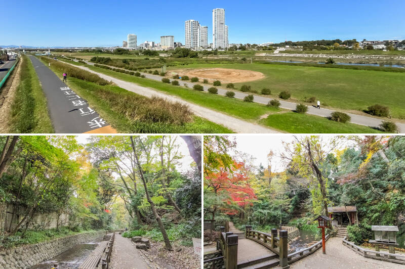 <b>上・</b>多摩川の河川敷までは徒歩1分。早朝のランニングやペットとのお散歩など、日々の気分転換に活躍してくれそう。／<b>下・</b>「等々力渓谷公園」は、木々に包まれた心地よい散策スポット。隣接する「等々力不動尊」とともに、四季の移ろいを身近に感じられます。いずれも徒歩14分です。<br>