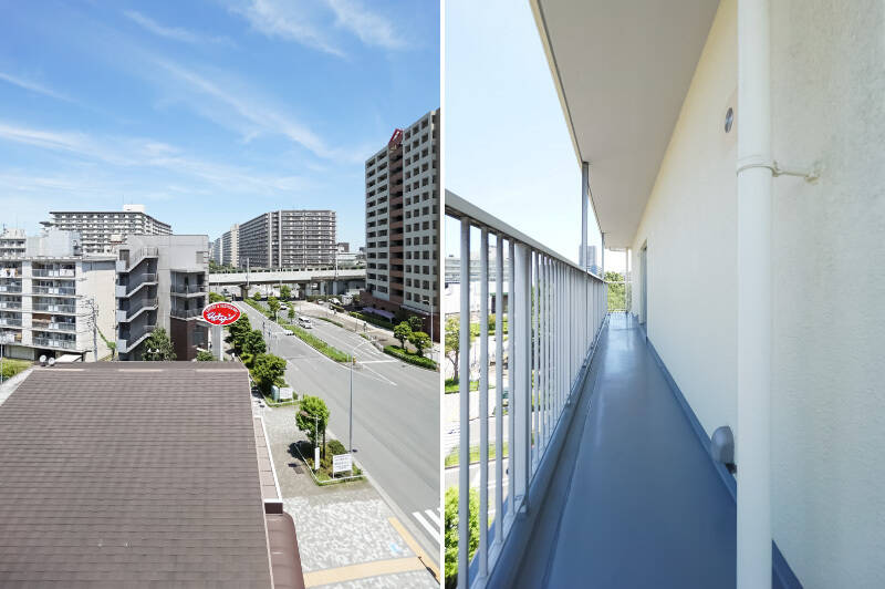 <p><b>左・</b>北側の景色はこんな感じ。大通りの奥には「東大島」駅に発着する電車がチラリ。「ジョナサン」の看板がなんだか可愛く見えてきます! /<b>右・</b>コの字型バルコニーの中でも北側は最も広々としています。</p>