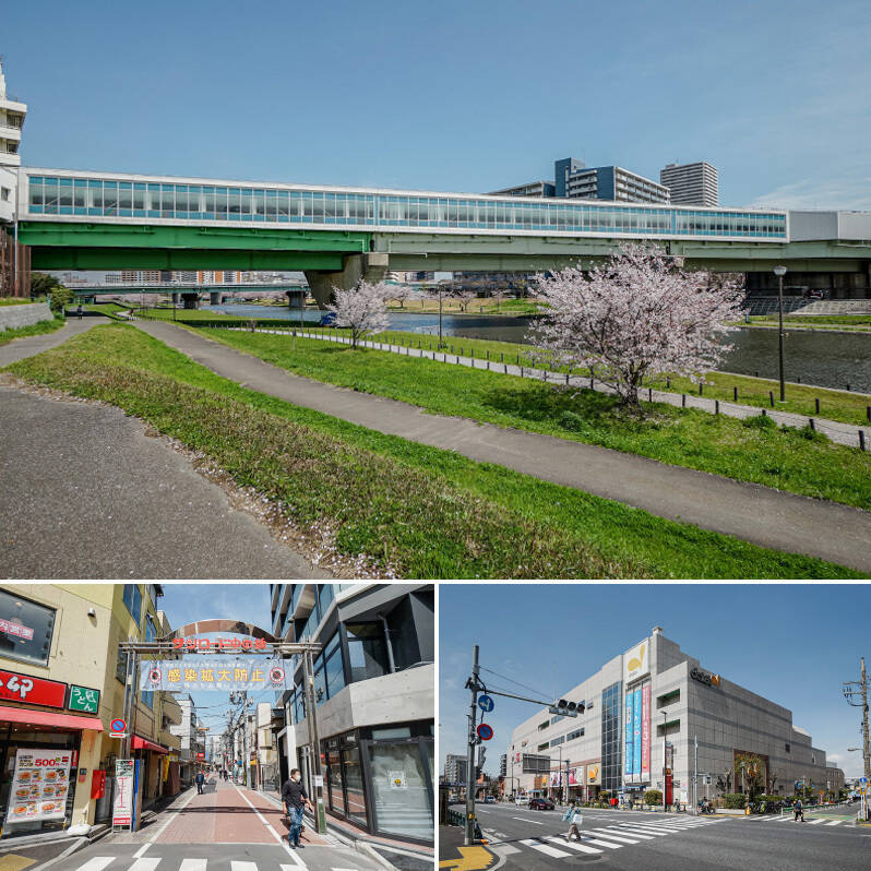 <b>上・</b>川の上にホームが延びる、最寄りの都営新宿線「東大島」駅。河川敷では子どもたちがキャッチボールをしていたり、街全体にのどかな空気が漂っています。(徒歩4分)/<b>左下・</b>平日の昼間でも活気のある「サンロード中の橋商店街」。八百屋さんや惣菜屋さんなど、日常使いしたいお店が揃っています。(徒歩10分)/<b>右下・</b>お買い物は大型商業施設「ダイエー 東大島店」へ。(徒歩4分)