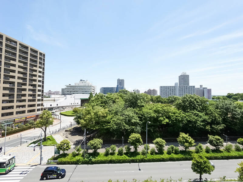 東向きのバルコニーからの景色。新緑モリモリの気持ちのいい借景です。正面に公園があるおかげで、視界を遮るものがないのも嬉しいところ◎