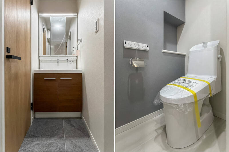 B1階には洗面台とトイレもあります。階段を使わず水まわりにアクセスできるのは便利ですね。