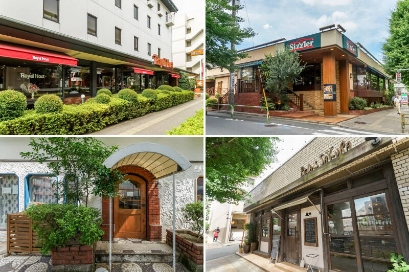 <b>左上・</b>ロイヤルホスト本社に併設された「ロイヤルホスト 桜新町店」。家族で訪れる機会が増えそうです。（徒歩3分）／<b>右上・</b>「シズラー 桜新町店」。サラダをたっぷり食べたい日は、種類豊富なサラダバーを利用してみては。（徒歩3分）／<b>左下・</b>小さな食堂「壽々（ジュジュ）」。朝の7時から営業しているので、モーニングもおすすめです。（徒歩6分）／<b>右下・</b>フレンチの人気店「ルレ・サクラ」。木の温もりを感じる落ち着いた店内で、肩肘張らずにフレンチを楽しめます。（徒歩7分）