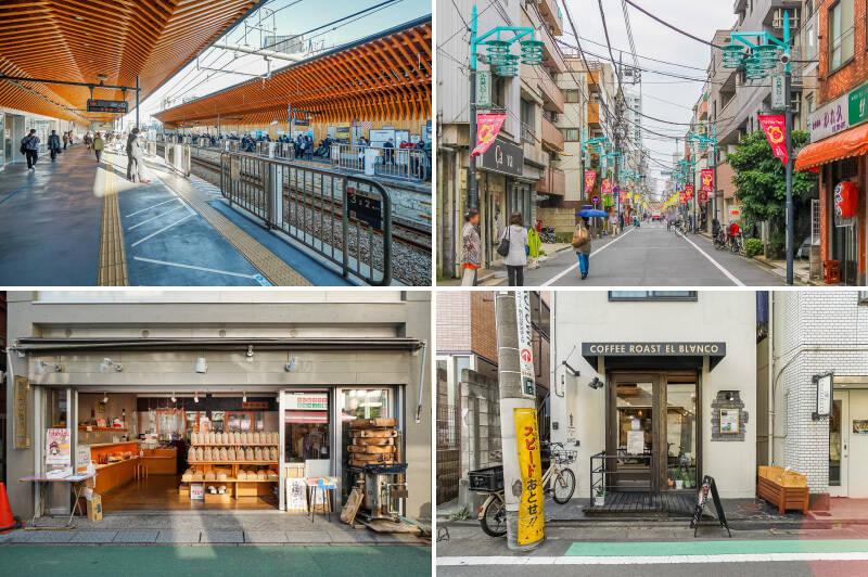 <b>左上・</b>東急池上線＆大井町線の「旗の台」駅までは徒歩11分。グッドデザイン賞を受賞した、木のぬくもり溢れる駅舎にご注目です。／<b>右上・</b>駅周辺には商店街が複数あり、活気ある雰囲気。暮らしのパートナーには「旗の台四丁目商店街」がちょうどよさそう。（徒歩9分）／<b>左下・</b>店舗で精米していて、少量から売ってくれるオシャレな米屋「沖田精米」。実はおはぎも人気らしい……！（徒歩9分）／<b>右下・</b>選んだ豆をその場で焙煎してくれるロースターカフェ「COFFEE ROAST EL BLANCO（エルブランコ）」。コーヒー党でしたらぜひ。（徒歩9分）