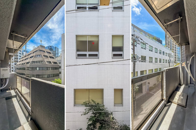 上部に物干し金具が備わったバルコニー。正面には建物が見えますが、距離が取れており視線はそこまで気にならない印象です。