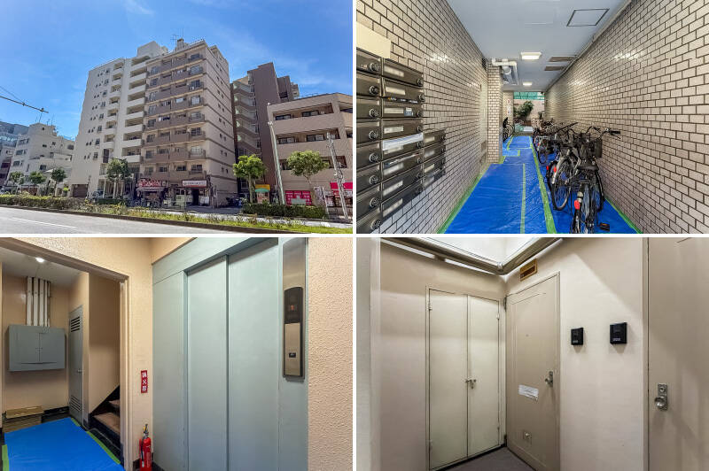 1972年竣工、総戸数35戸、地上10階建てのマンション。1階には飲食店が入居しています。エントランスから続く共用廊下には自転車が置かれており、エントランスまわりにはやや生活感のある印象を受けました。住戸所在の9階まではエレベーターでアクセスします。