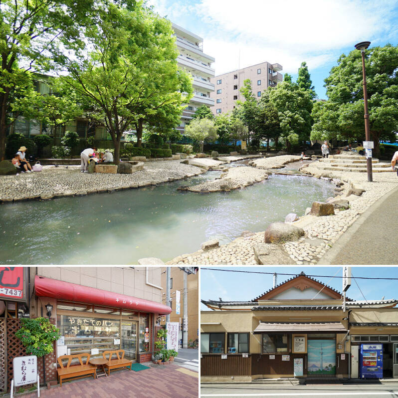 <b>上・</b>スカイツリーの近くまで伸びる、「大横川親水公園」。少しずつ近づいてくるスカイツリーを眺めながらのお散歩が楽しめます。(徒歩3分)/<b>左下・</b>レトロな店構えの、焼きたてパンと手作りケーキのお店「業平 キムラヤ」。親子二世代で通うファンも多く、長年地域で親しまれているパン屋さんです。(徒歩5分)/<b>右下・</b>映画に出てきそうなレトロな銭湯「押上温泉 大黒湯」。サウナ・炭酸泉があり、さらに大露天風呂まで揃っています! 男女入れ替え制のため、訪れる前に営業情報を確認しておくと安心です。(徒歩14分)<br>