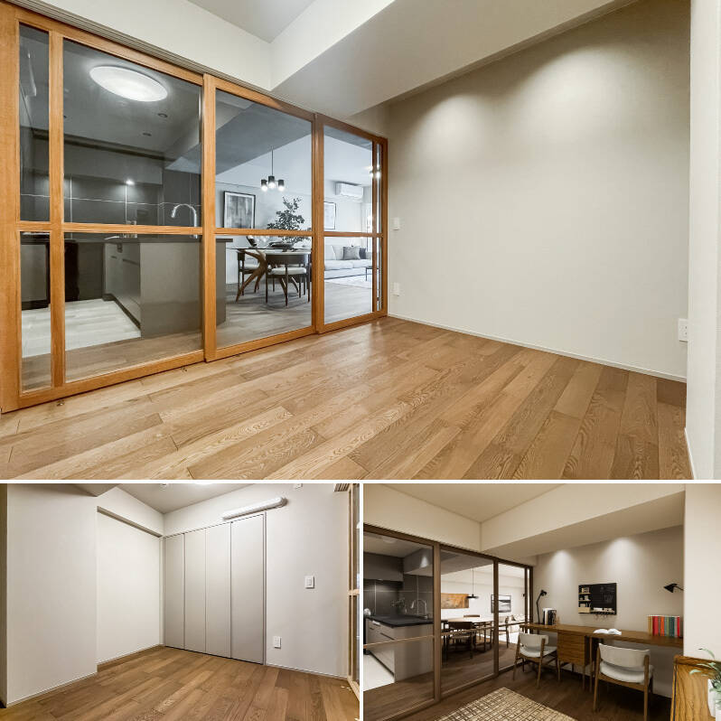 LDKと洋室Bの間には、オリジナルの格子建具を設置。ガラス越しに光と気配を通すことで、空間を分断せず、つながりを持たせながら仕切ることを目指しています。（右下・CGイメージ）