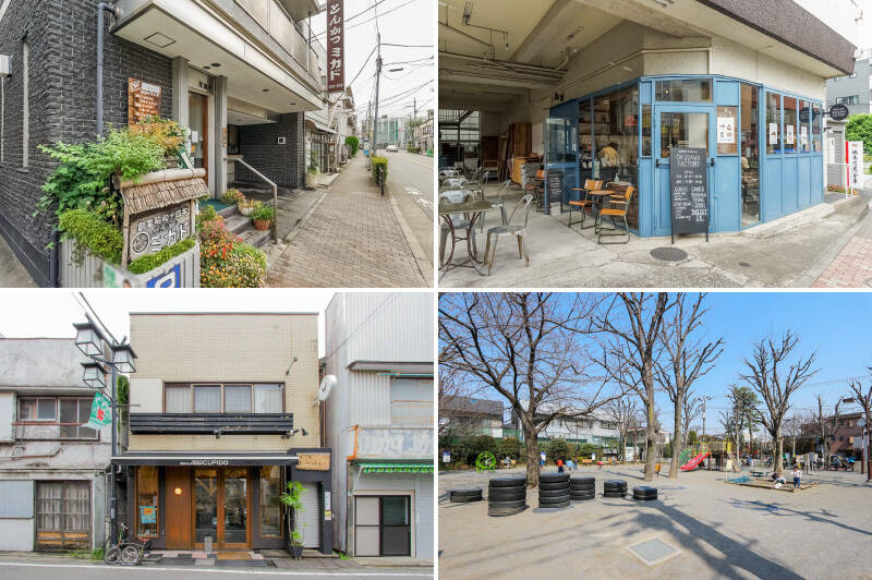 <b>左上・</b>昭和14年創業の老舗とんかつ屋「ミカド」。小説家の吉本ばなな氏は、こちらのカツカレーがお気に入りだそう。（徒歩9分）／<b>右上・</b>さわやかなブルーの扉が目を惹くこちらのカフェは、「AOKUSAWA FACTORY Coffee &amp; Bakes（オクサワファクトリーコーヒーアンドベイクス）」。天気のいい日はテラス席の利用もおすすめです。（徒歩12分）／<b>左下・</b>ベーカリー「RTISAN BOULANGER CUPID（アルティザン ブーランジェ クピド）」は、焼くパンの種類によって粉を使い分けているそう。そう言われると食べ比べしたくなっちゃいますね！（徒歩10分）／<b>右下・</b>子どもたちの声で賑わう「奥沢公園」までは徒歩2分。遊具が多く、思いっきり駆けまわれる広さがあります。