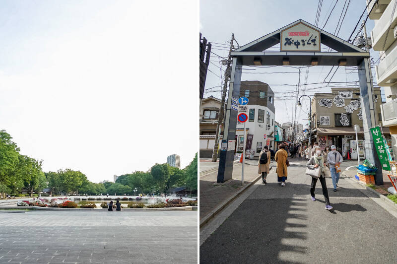 <b>左・</b>「上野恩賜公園」までは徒歩5分。広大な敷地内には博物館や美術館が点在し、自然やアートを身近に楽しめます。さらに駅周辺には商業施設や飲食店も充実し、<b>“上野エリア”</b> を気軽に使いこなせる立地です。／<b>右・</b>反対側へ進むと、味わい深い飲食店や活気ある商店街やトレンドのカフェが揃う <b>“谷根千エリア”</b> が広がります。食べ歩きはぜひ「谷中銀座」で♪（徒歩12分）