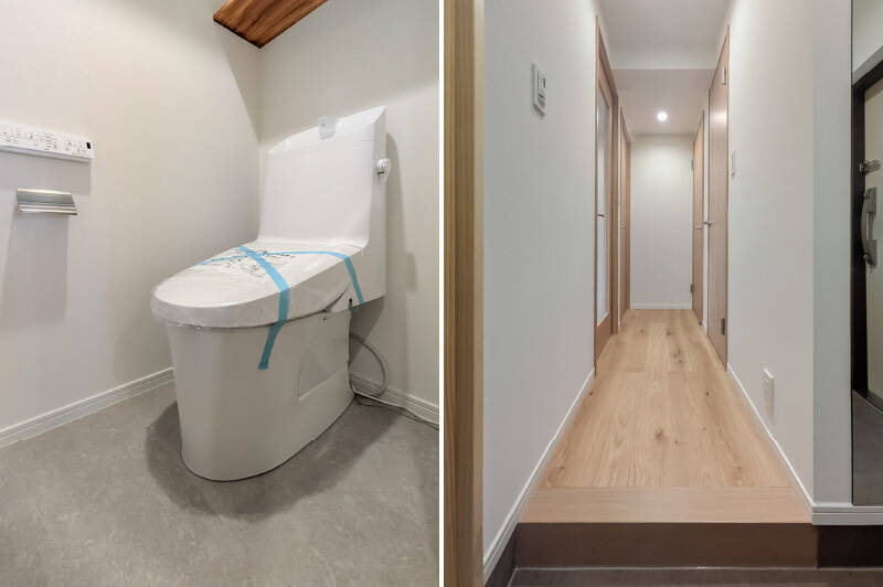 <b>左・</b>トイレは玄関横に位置します。／<b>右・</b>玄関から廊下を望んだカット。玄関土間には姿見と、かわいいルーバー扉のシューズクローゼットを備えています。