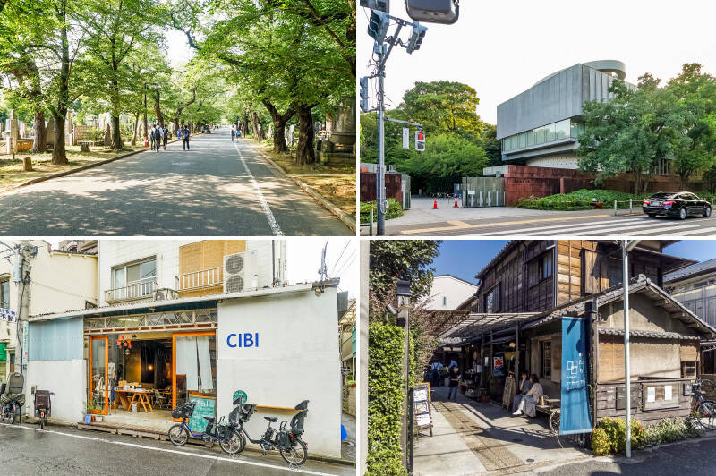 <b>左上・</b>「日暮里」駅まで最短ルートで行く際は、緑豊かな「谷中霊園」（徒歩5分）を通ります。日中は近隣の学生の通学路に。／<b>右上・</b>「上野」方面に向かう際は「東京芸術大学上野キャンパス」（徒歩3分）の横を通ります。キャンパス前の道には大きな木々が並び、気持ちよく歩ける通りです。／<b>左下・</b>オーストラリア・メルボルン発のコンセプトストア「CIBI（チビ）Tokyo Store」。 “ライフを楽しくする” をテーマに、食事や買い物、イベントを楽しめます。（徒歩12分）／<b>右下・</b>「上野桜木あたり」は、ビールやパン、ファッションなどの個性的なお店が集まる複合施設。路地や庭を介して店舗や住居がゆるやかにつながる、東京でもユニークなスポットです。（徒歩3分）