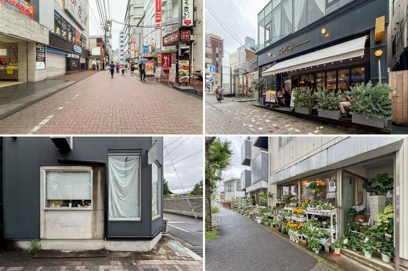 <b>左上・</b>「町田」駅の南口から広がる「旧町田街道」。様々な飲食店や商店が並び、とても活気があります。（徒歩5分）／<b>右上・</b>賑やかな駅前で一際優雅な雰囲気を放つのが、フレンチカフェ「Zéro One Café &amp; Brasserie 町田（ゼロワンカフェ&amp; ブラッスリー）」。“パリの食文化を町田に、優雅に。”をコンセプトに、本場のエスプリを感じる洗練された空間とこだわりの料理を楽しめます。（徒歩12分）／<b>左下・</b>白を基調とした店内に、カラフルなケーキが並ぶ「patisserie un cadeau（パティスリーアンカド ）」。2階にはイートインスペースでケーキを楽しむこともできます。（徒歩6分）／<b>右下・</b>住まいを彩るお花やグリーンを探すなら「garden thymus（ガーデンタイム）」へ。（徒歩3分）