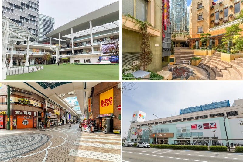 <b>左上・</b>大型ショッピングモール「ラゾーナ川崎プラザ」まで徒歩27分、自転車で約13分。広場ではイベントも多く開催されます。/<b>右上・</b>12スクリーンの映画館「チネチッタ」まで徒歩24分、自転車で約10分。/<b>左下・</b>風情漂うアーケード商店街「川崎銀柳街」にも徒歩25分、自転車で約12分。/<b>右下・</b>「鶴見」駅方面にはイトーヨーカドーや無印、ダイソーが入る「LICOPA鶴見」がありますよ。(徒歩13分)
