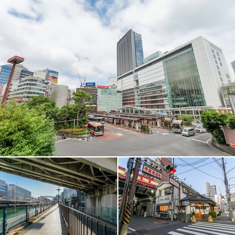 <b>上・</b>近年ぐんぐん “住みたい街” としての頭角を表している「横浜」。駅周辺でショッピングも娯楽も、なんでも揃います。（徒歩8分）／<b>左下・</b>最短ルートから少し逸れると、帷子川（かたびらがわ）沿いの気持ちのいい「さいわい川遊歩道」を歩けます。（徒歩4分）／<b>右下・</b>最寄りは相鉄本線の「平沼橋」駅（徒歩4分）。「平沼商店街」の渋い佇まいがなんとも堪りません（徒歩5分）。
