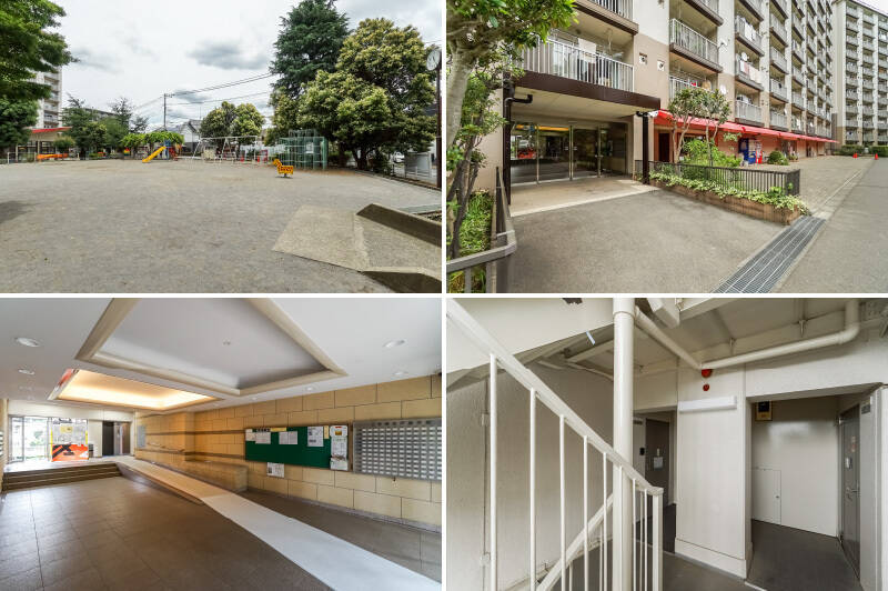 <p><b>左上・</b>敷地内には「みつおさ児童公園」もあります。遊具たっぷりでお子さま満足！／<b>右上・</b>こちらが2号棟エントランス。／<b>左下・</b>ロビーはスロープ完備で、ベビーカーでも出入りしやすそう。／<b>右下・</b>エレベーターは奇数階のみの停止なので、住戸へは9階からワンフロア下りてアクセスします。ちょっと手間ですが、2住戸ごとに階段があるのでプライベート感は高めです。</p>
