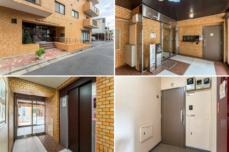<b>左上・</b>エントランスは大通りから一本入った場所にあります。／<b>右上・</b>オートロックや宅配ボックスを備えた共用ホール。／<b>左下・</b>それではエレベーターで3階へ。／<b>右下・</b>降りるとすぐに今回ご紹介する住戸の玄関です。