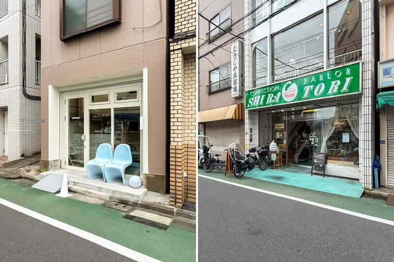 <b>左・</b>白いタイルのカウンターが目を惹くかわいいカフェ「uyamuya（ウヤムヤ）」。ワンちゃんのフロスティングが乗ったケーキにキュン♡（徒歩10分）／<b>右・</b>「欧風菓子 白鳥」は昭和感残る喫茶店。イートインもテイクアウトもどちらも楽しめます。（徒歩11分）