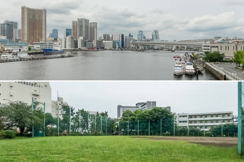 <b>上・</b>今回ご紹介するマンションが建つのは、運河に囲まれた “港南エリア”。「品川」駅周辺の利便性を享受しながら、水辺が身近にある穏やかな住環境が広がっています。／<b>下・</b>マンションの正面には「品川北ふ頭公園」が。運河を行き交う船を眺めながら散歩を楽しんだり、ベンチでひと休みしたり。暮らしのすぐそばに、水辺の風景が寄り添います。