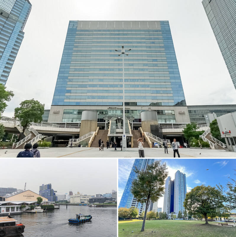 <b>上・</b>今回ご紹介したマンションは、JR山手線をはじめ複数路線が乗り入れる「品川」駅から徒歩20分。りんかい線「天王洲アイル」駅からは17分でアクセスできます。都心の利便性を享受しながら、水辺の心地よさをダイレクトに感じられるロケーションです。／<b>左下・</b>運河沿いの倉庫を改装したレストラン「T.Y.HARBOR（ティー・ワイ・ハーバー）」。水辺のテラス席で、モダンアメリカンな料理やクラフトビールを堪能できます。（徒歩20分）／<b>右下・</b>「港南緑水公園」は、京浜運河を望む緑豊かな公園。大型遊具があるほか、エリア分けされたドッグラン「港ドッグパーク」も併設されています。運河の心地よい風を感じながら、家族や愛犬と健やかな休日を過ごせる場所です。（徒歩9分）