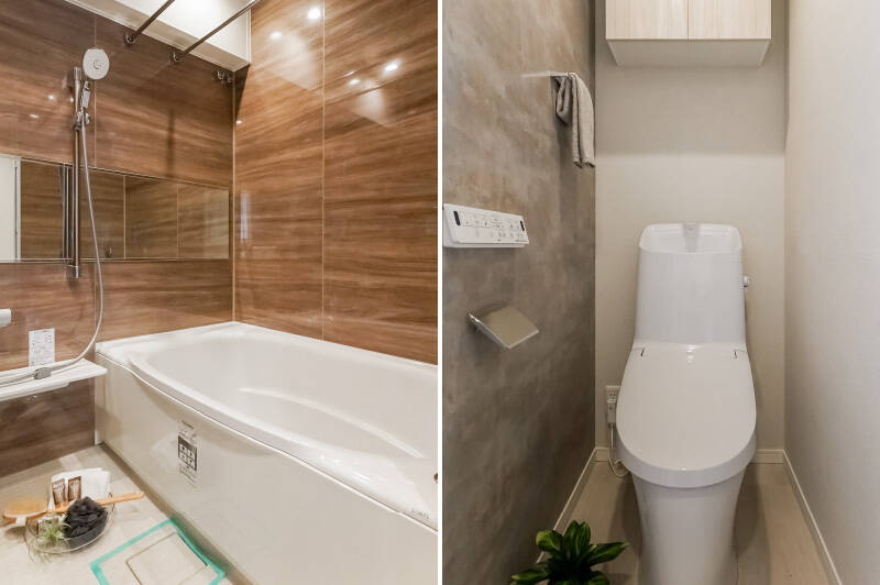 <b>左・</b>ユニットバスは1418サイズ。／<b>右・</b>トイレスペースは上下階共に配されています。写真は上階のものです。