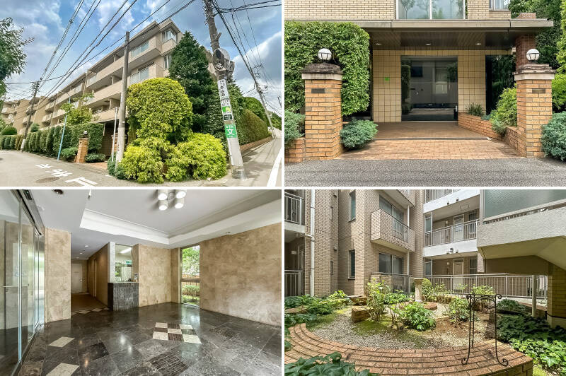 1997年竣工、総戸数50戸、地上4階建てのオートロックを完備したマンション。傾斜地に立地しています。建物をぐるりと囲むように植栽が配され、共用廊下の所々には坪庭が。グリーンが建物全体に表情を添える、いい雰囲気のマンションです。