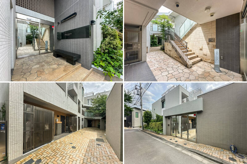 <b>左上・</b>エントランスはオートロック付き。天井が高く、素材感の異なるタイルや有孔ブロックが印象的です。／<b>右上・</b>エントランスを抜けると、石畳風のアプローチが。まるで海外の中庭のような、穏やかな空気が流れています。／<b>左下・</b>共用通路も雰囲気のある空間。住戸は1階に所在します。／<b>右下・</b>サブエントランスもあります。