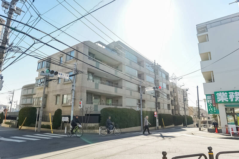 住宅街の交差点に建っています。全57戸でゆったりした造り。（2024/01撮影）