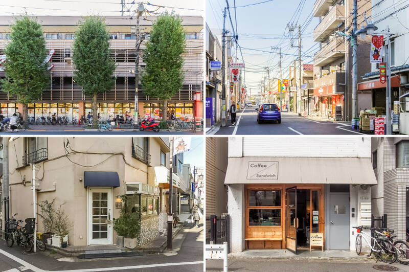 <b>左上・</b>生鮮食品の品揃えが豊富なスーパー「オオゼキ上町店」。駅前にあるので、日々のお買い物に便利です。（徒歩5分）／<b>右上・</b>「桜栄会商店街」は、「世田谷ボロ市」のメイン会場として知られる商店街。毎年12月と1月に開催され、骨董品や古着など多くの露店でにぎわいます。（徒歩4分）／<b>左下・</b>「おかしと喫茶トロッコ」。営業時間になると開く出窓から街を眺めながら、季節の焼き菓子やドリンクを楽しめます。（徒歩7分）／<b>右下・</b>「YOUR DAILY COFFEE 上町店」では、一杯ずつ丁寧に淹れられたコーヒーを味わえます。ほっとひと息つきたい日にぜひ。（徒歩3分）