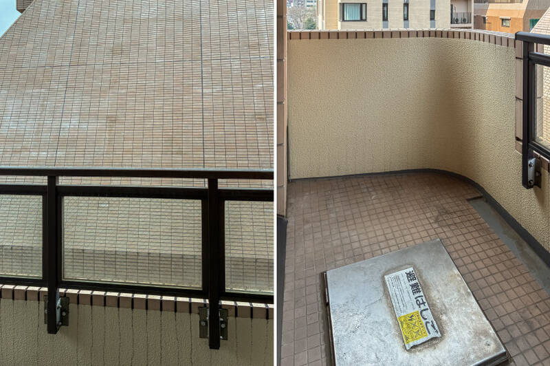 <p>バルコニー正面には隣接する建物が。奥行きにはややゆとりがあります。</p>