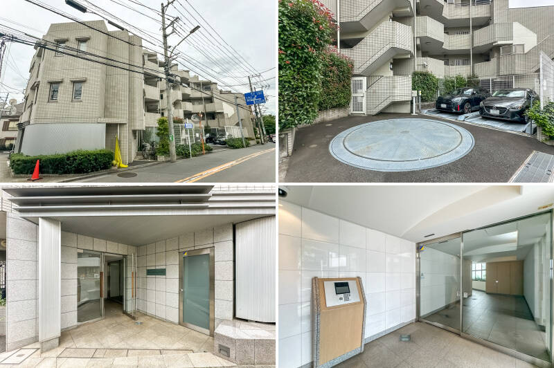 <b>左上・</b>三鷹台駅前通りに面して建つ、2003年築、地上5階建て、総戸数23戸のマンションです。雁行したフォルムが特徴。/<b>右上・</b>機械式駐車場が備わっており、2026年2月時点で空きあり。区画により月額16,000〜18,000円で利用可能です。最新の空き状況やサイズはお問い合わせください。/<b>左下・</b>エントランスも三角形に奥まった形状。/<b>右下・</b>オートロック、宅配ボックス付きのシンプルな共用部。管理人さんは週4日、午前中にいらっしゃいます。