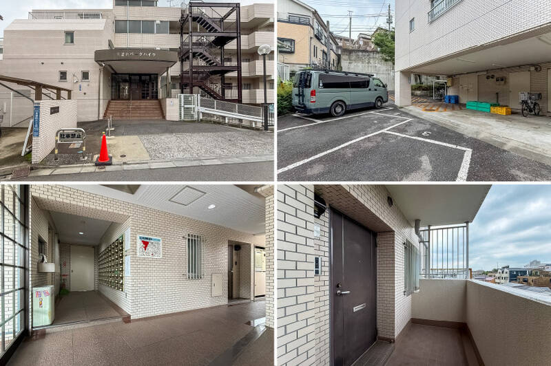 <b>左上・</b>傾斜地に建つため、メインエントランスは4階にあります。1階にもサブエントランスが設けられ、そちらからも出入り可能です。/<b>右上・</b>駐車場と自転車置き場は1階にあります。/<b>左下・</b>エントランスホールには集合ポストと管理事務室が。管理人さんは月〜金曜日の8時〜15時、土曜日は8時〜12時までの週6日勤務です。/<b>右下・</b>住戸前に到着。角住戸のため、共用廊下の奥まった位置にあります。