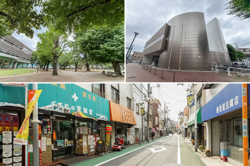 <b>左上・</b>緑豊かな「板橋区平和公園」(徒歩8分)の敷地内には、令和3年に移転オープンした「板橋区立中央図書館」(徒歩10分)が。充実した設備や蔵書が魅力です。/<b>右上・</b>「板橋区立教育科学館」ではプラネタリウムが楽しめますよ〜!(徒歩10分)/<b>下・</b>駅の北側に広がる「上板橋北口商店街」通称 “マイスターかみいた”。季節ごとにセールやお祭り、飲み歩きイベントなどが開かれ、地域のにぎわいを感じられます。(徒歩10分)