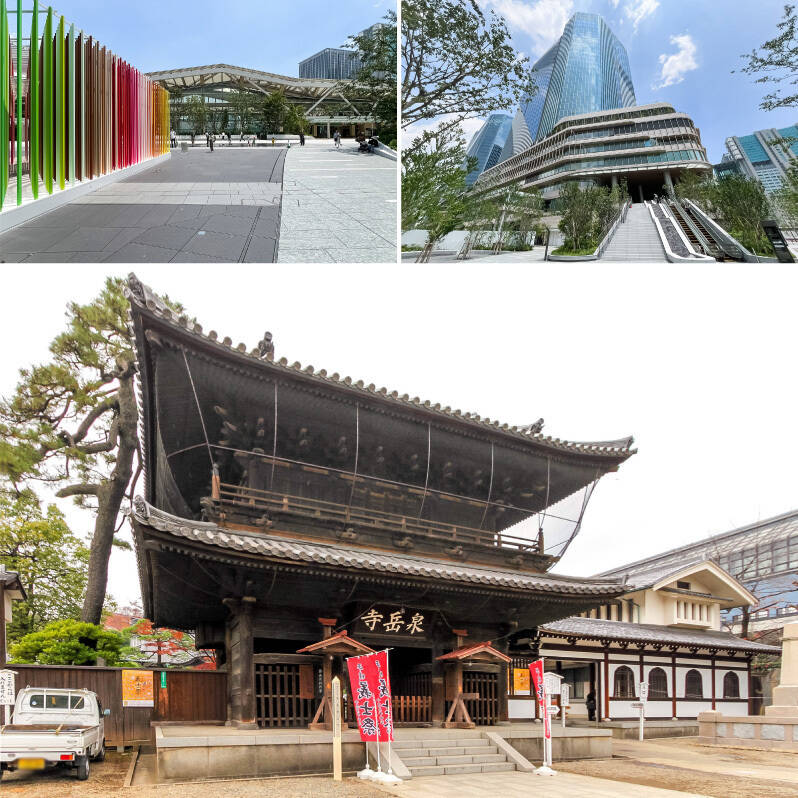 <b>上・</b>JR山手線30番目の駅として2020年に誕生した「高輪ゲートウェイ」駅（徒歩8分）。そこから約6年をかけ、2026年3月に複合施設「TAKANAWA GATEWAY CITY」がグランドオープンしました（徒歩7分）。／<b>下・</b>都営浅草線と京急本線が通る「泉岳寺」駅までは徒歩4分。駅名にもなっている「泉岳寺」は1612年に創建し、1641年の大火後現在の地へ移転しました（徒歩2分）。約400年もの時代を経て、街は新たな活気に包まれています。