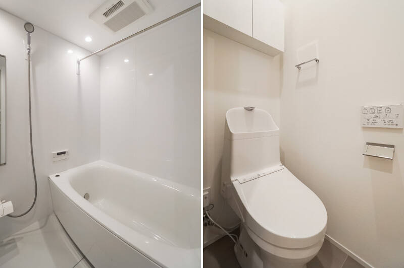<b>左・</b>バスルームは1418サイズで、浴室乾燥機を完備しています。／<b>右・</b>トイレは玄関のすぐ横に。ややコンパクトですが、シンプルで無駄のない設えです。
