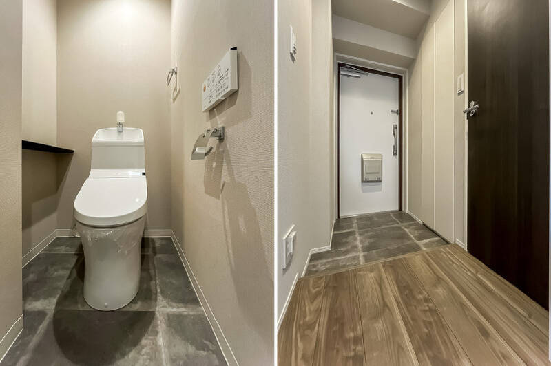 トイレは玄関のすぐ近くに。床には、玄関土間や洗面脱衣室と同じタイルがあしらわれています。それでは、周辺散策へ行きましょう！