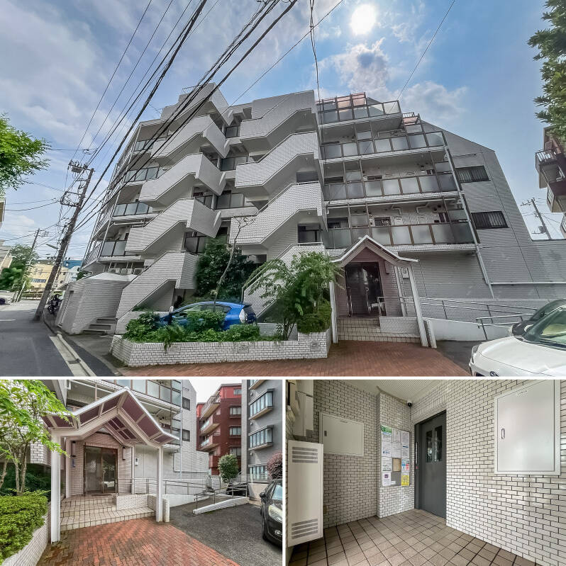 今回の舞台はこちら。地上4階建ての<b>新耐震基準に適合</b>したマンションです。直近の大規模修繕工事は2018年に実施。2024年には長期修繕計画が見直されていますよ。色鮮やかな植栽のあるアプローチを抜けて、住戸へ向かいましょう。