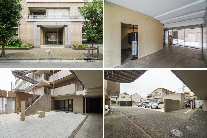 <b>左上・</b>石造りのエントランス。前面の道路の交通量は少なめで、落ち着いた環境です。/<b>右上・</b>集合ポストや宅配ボックスは、デザイン性の高い曲面壁でホールから区切られています。/<b>左下・</b>オートロックを抜けた先には吹き抜けが。/<b>右下・</b>クルマ移動派に朗報! マンションの駐車場は2026年7月時点で空きがあり、月額27,000円で利用可能ですよ。