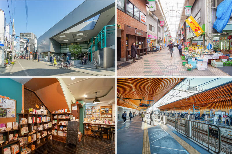 <b>左上・</b>物件の最寄りは東急池上線「荏原中延」駅(徒歩6分)。「五反田」駅から3駅・約5分という利便性に注目です。/<b>右上・</b>「荏原中延」駅から東急大井町線・都営浅草線「中延」駅にかけて続く商店街「なかのぶスキップロード」には、活気ある商店がズラリ。雨の日も快適に歩けるアーケード付きです◎(徒歩9分)/<b>左下・</b>カルチャー好きなら見逃せないのが「隣町珈琲」。ミニマルな書店・ギャラリーを併設したカフェで、魅力的なイベントが数多く企画されています。(徒歩7分)/<b>右下・</b>東急大井町線「旗の台」駅もご近所にあり、歩いて9分の距離。「大井町」や「自由が丘」、「二子玉川」へ向かう際はこちらを利用すると便利です!