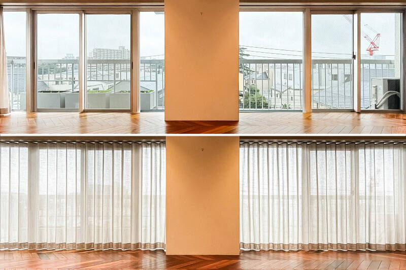 <b>上・</b>カーテンを開けていても、目線よりも低い位置に建物が並んでいるので、外からの視線はそこまで気にならなそう。/<b>下・</b>光を通すカーテンを閉めても、また違ったいい雰囲気に。