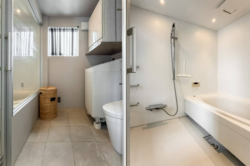 <b>左・</b>洗面室には、トイレと洗濯機置き場をまとめて配置。必要に応じてカーテンで仕切ることもできます。マンションでは設置が難しいこともある、乾燥機の「乾太くん」も。/<b>右・</b>バスルームは浴室乾燥機付き。1621サイズは、なかなかお目にかかれないゆとりある広さです。